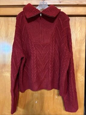 Crescent Cable Knit Half-Zip Sweater in Deep Red/Rust